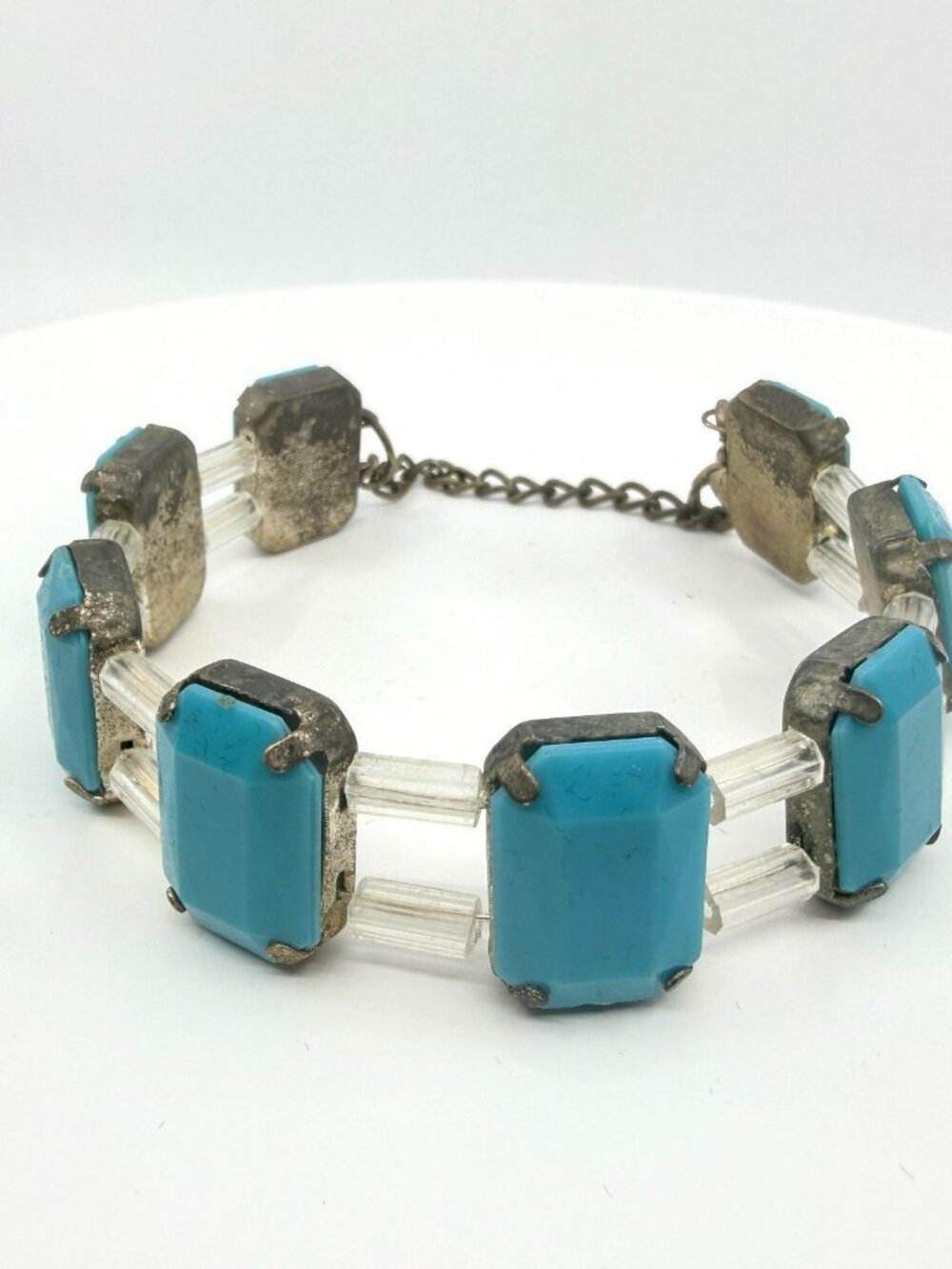 Vintage Mid-Century Style Turquoise Tone Cabochon & Clear Lucite Link Bracelet